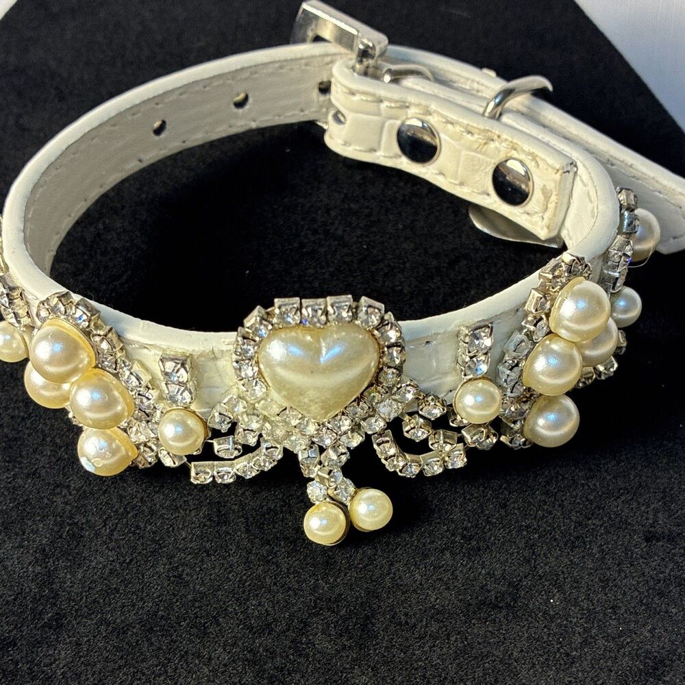 Pearl Heart Rhinestone Dog Collar bling Faux Leather Adjustable Small small